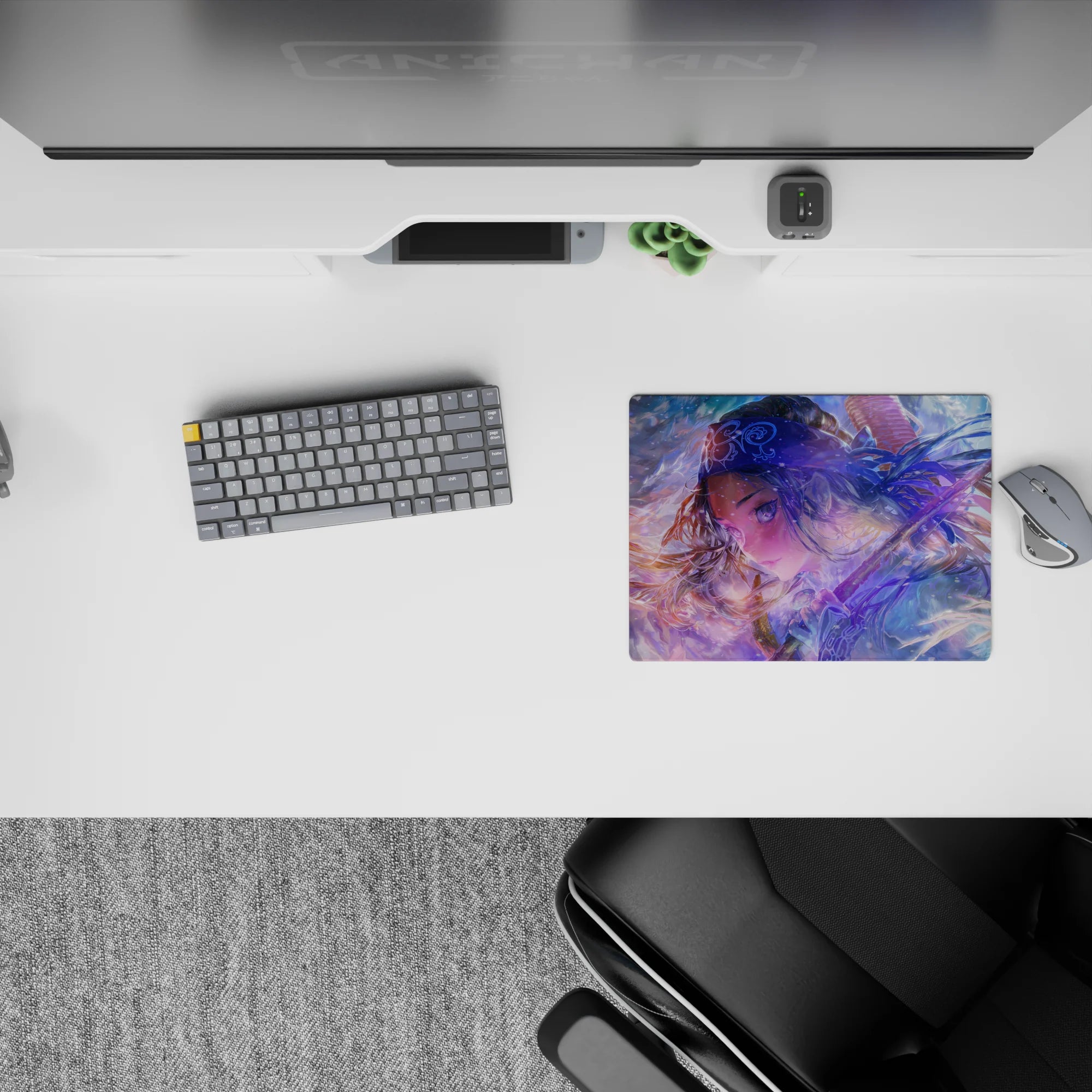 Misty blue and lilac cozy winter anime girl mouse pad 14x10 inches with glittering ice flecks.