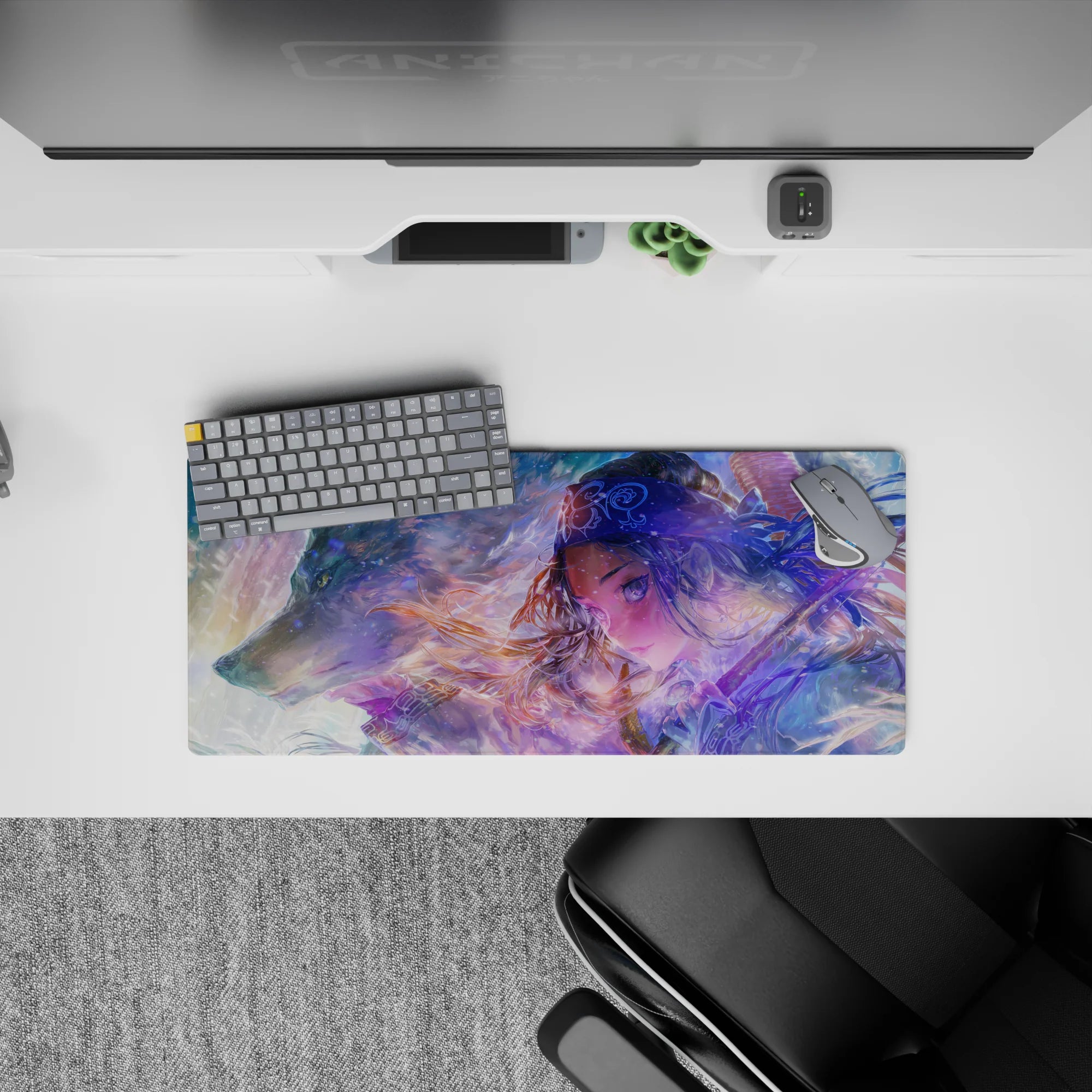 28x12 inches anime girl mouse pad in misty blues and lilacs with glittering ice flecks and cozy blush light.
