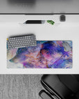 28x12 inches anime girl mouse pad in misty blues and lilacs with glittering ice flecks and cozy blush light.