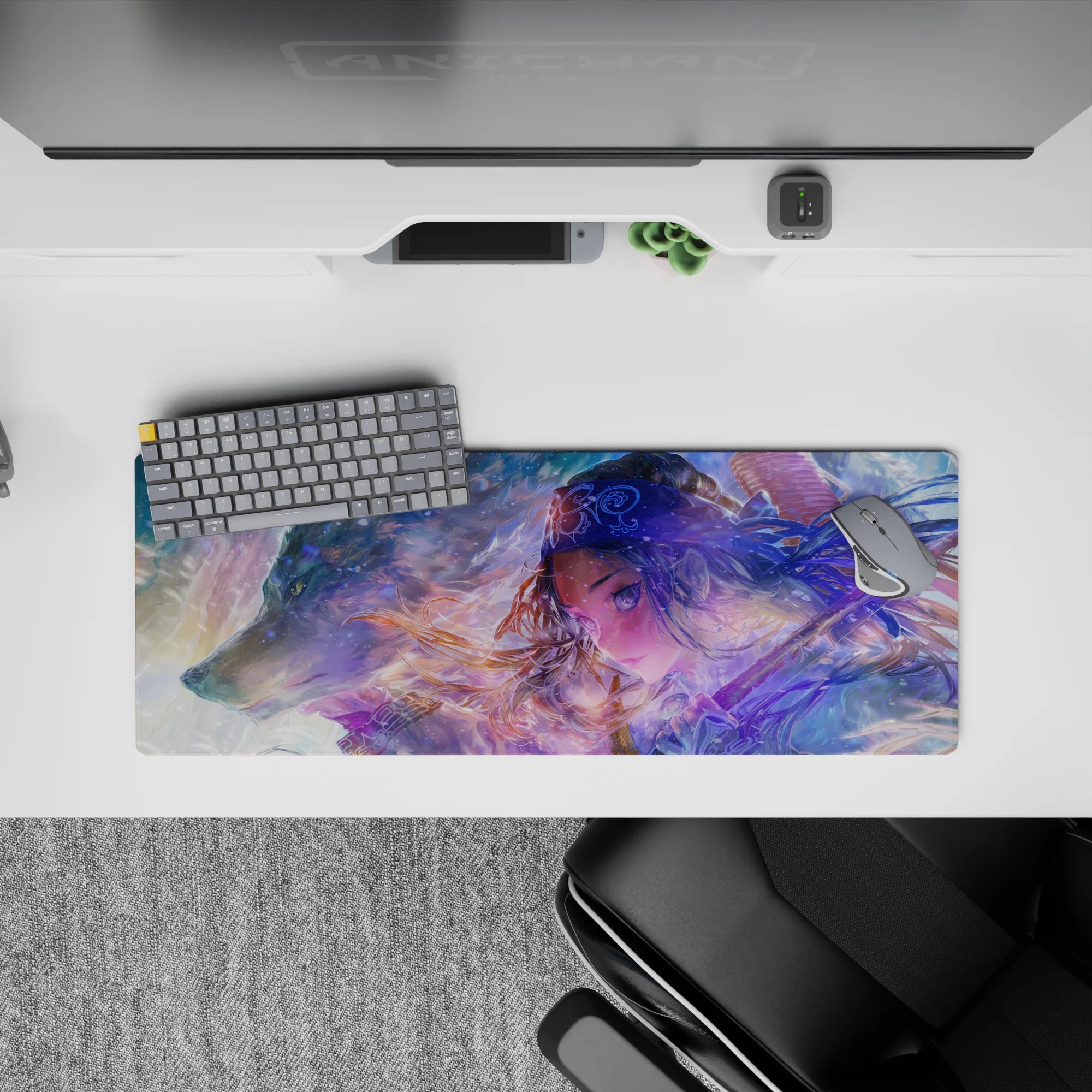 32x12 inches anime girl mouse pad in misty blues and lilacs with glittering ice flecks and cozy blush glow.