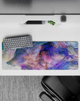 32x12 inches anime girl mouse pad in misty blues and lilacs with glittering ice flecks and cozy blush glow.