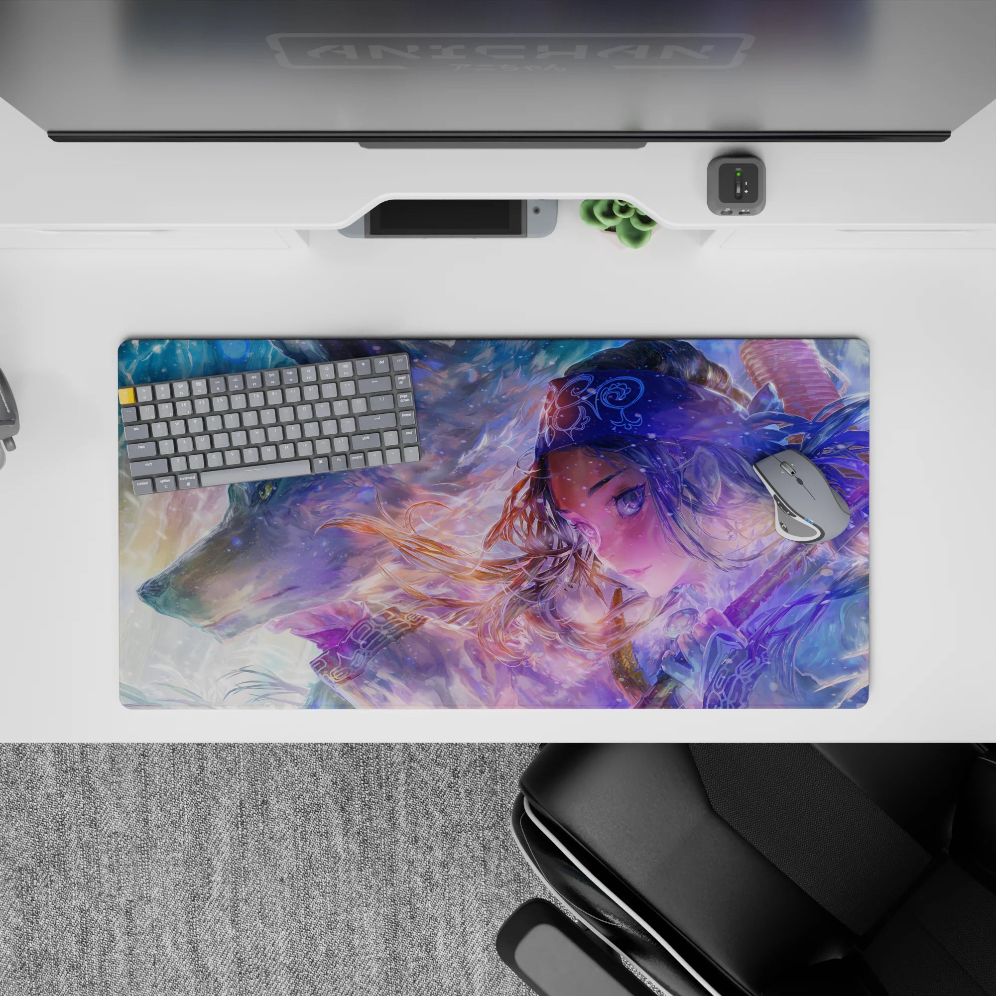 32x16 inches anime girl mouse pad in misty blues and lilacs with icy sparkle flecks and cozy blush glow.