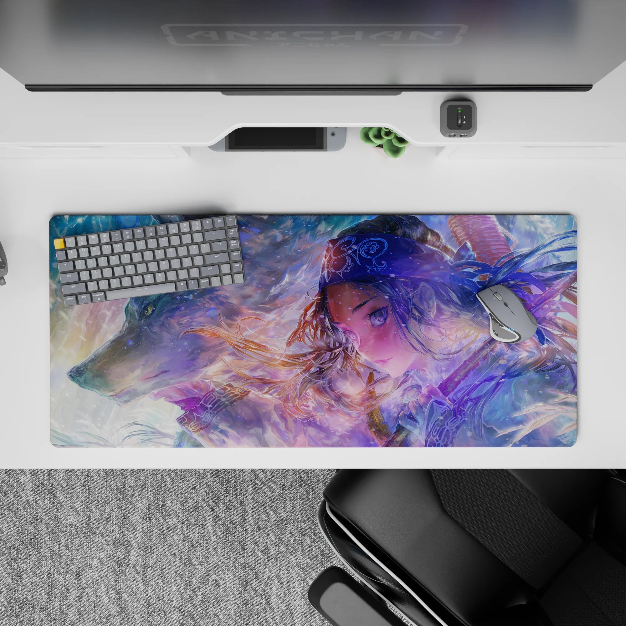 Cozy winter anime desk pad 36x16 inches in misty blues and lilacs with glittering ice flecks.