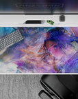 40x20 inches anime desk pad in misty blues and lilacs with glittering ice flecks and cozy blush glow.