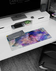 28x12 inches anime girl mouse pad showing a soft-eyed silver-haired girl with headband, sword, and loyal wolf.