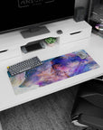 32x12 inches anime girl mouse pad showing soft-eyed silver-haired girl in headband beside a wolf in icy mist.