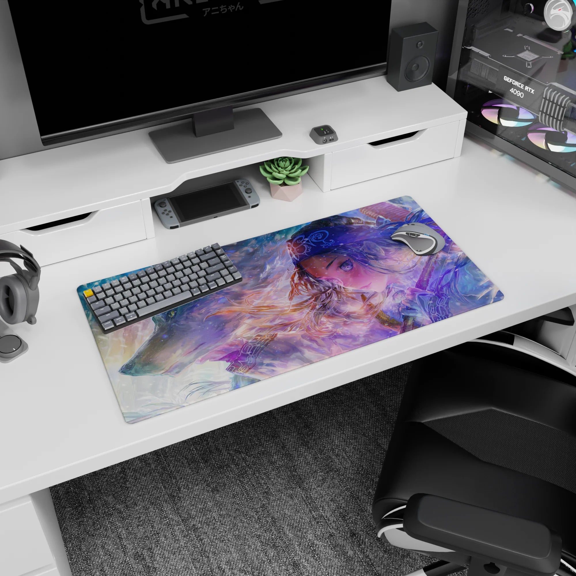 32x16 inches anime girl mouse pad showing soft-eyed silver-haired girl, patterned headband, wolf, and snow mist.