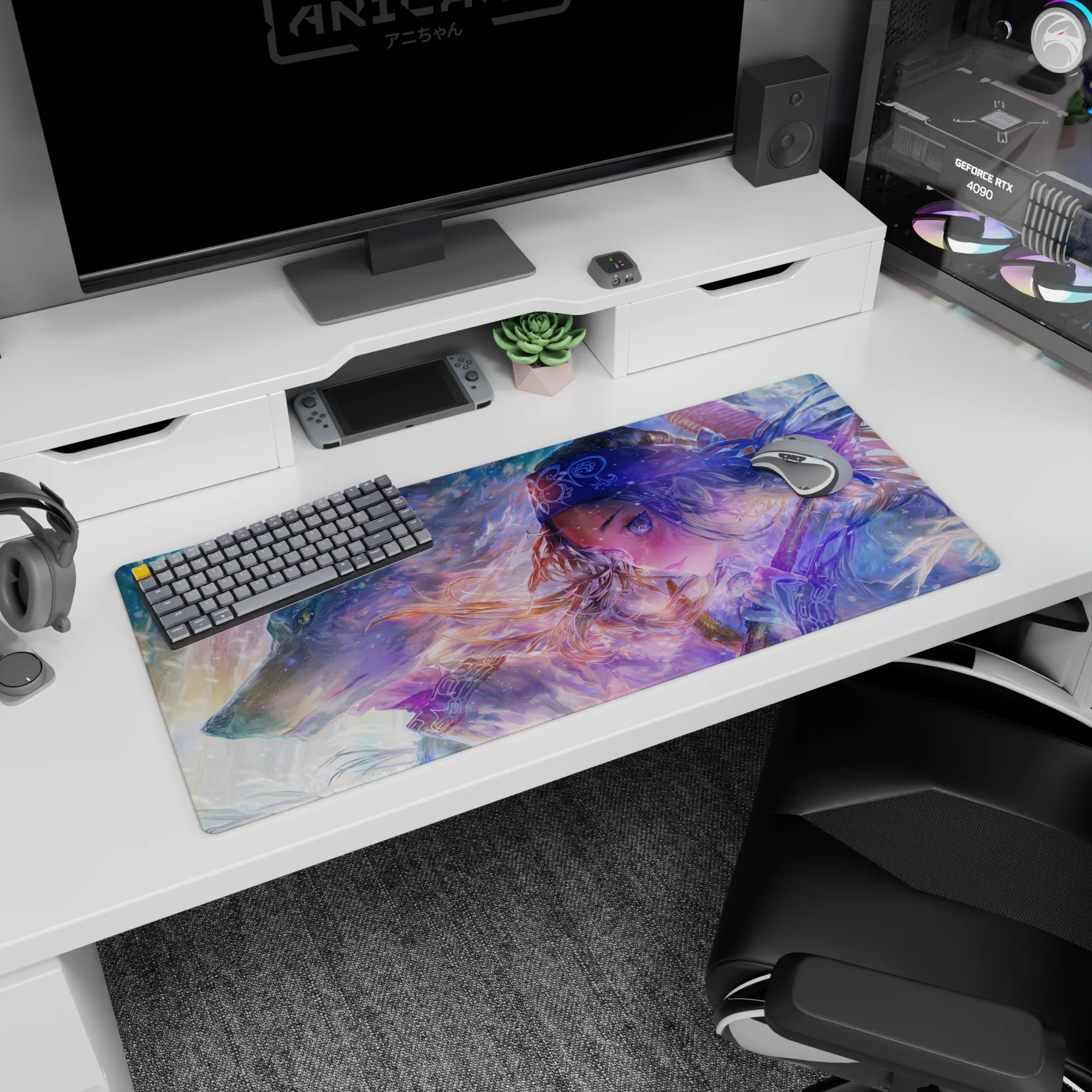 Silver-haired anime girl with headband, sword on back, and loyal wolf on 36x16 inches desk pad.
