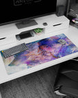 Silver-haired anime girl with headband, sword on back, and loyal wolf on 36x16 inches desk pad.