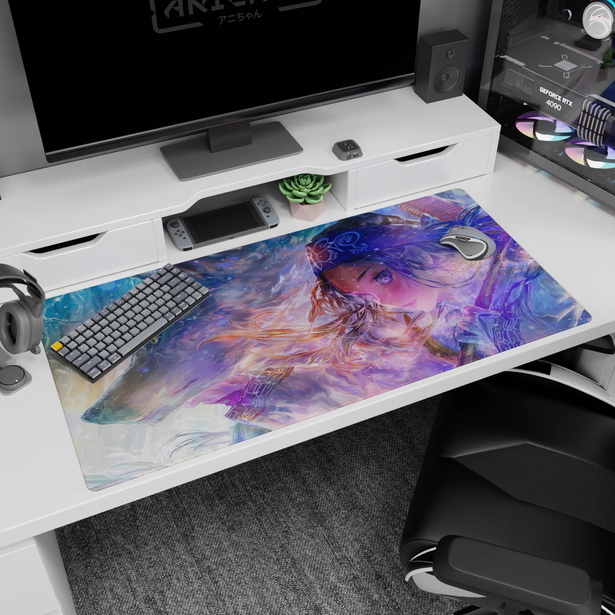 40x20 inches anime girl desk pad showing soft-eyed silver-haired warrior with sword on back, wolf nearby.