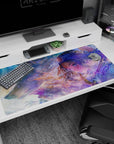 40x20 inches anime girl desk pad showing soft-eyed silver-haired warrior with sword on back, wolf nearby.