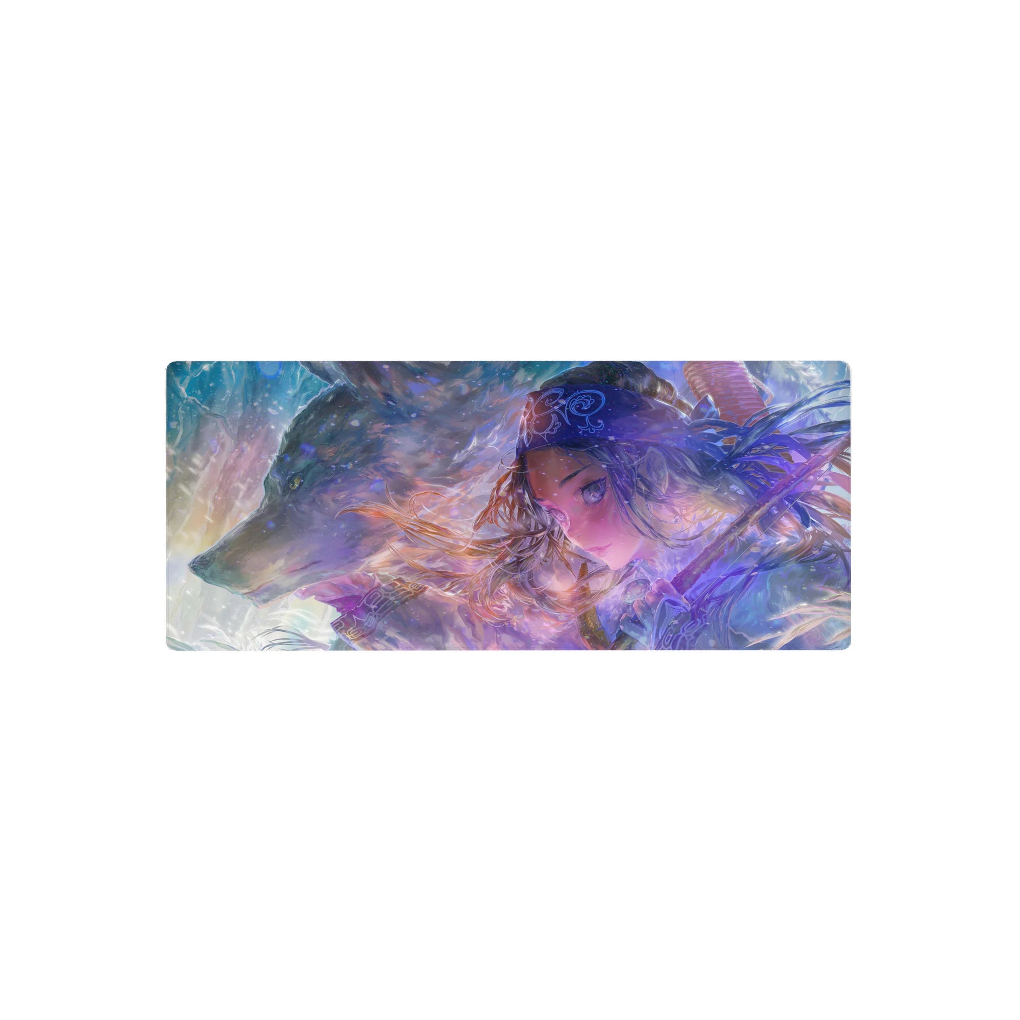 28x12 inches anime girl mouse pad with silver-haired swordswoman and wolf in a snowy fantasy scene.