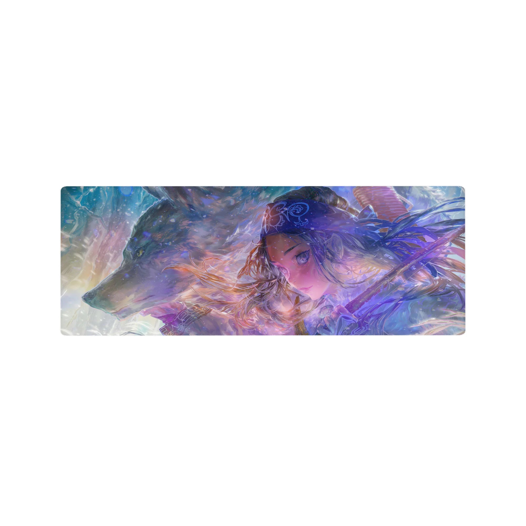32x12 inches anime girl mouse pad with silver-haired warrior, sword on back, and loyal wolf in snow.