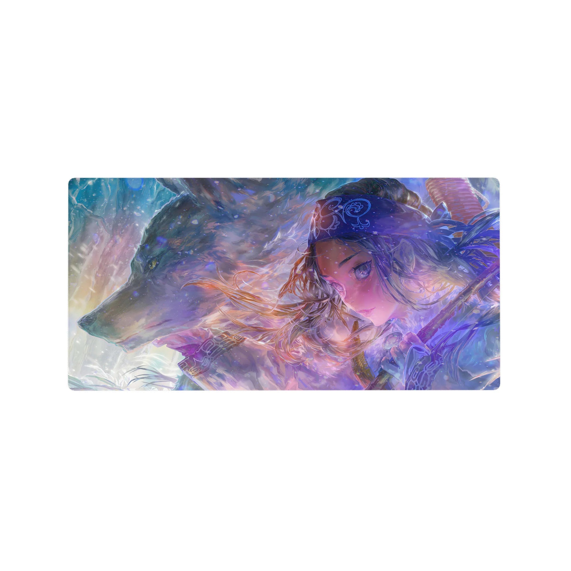 32x16 inches anime girl mouse pad with silver-haired swordswoman and wolf in a snowy fantasy scene.