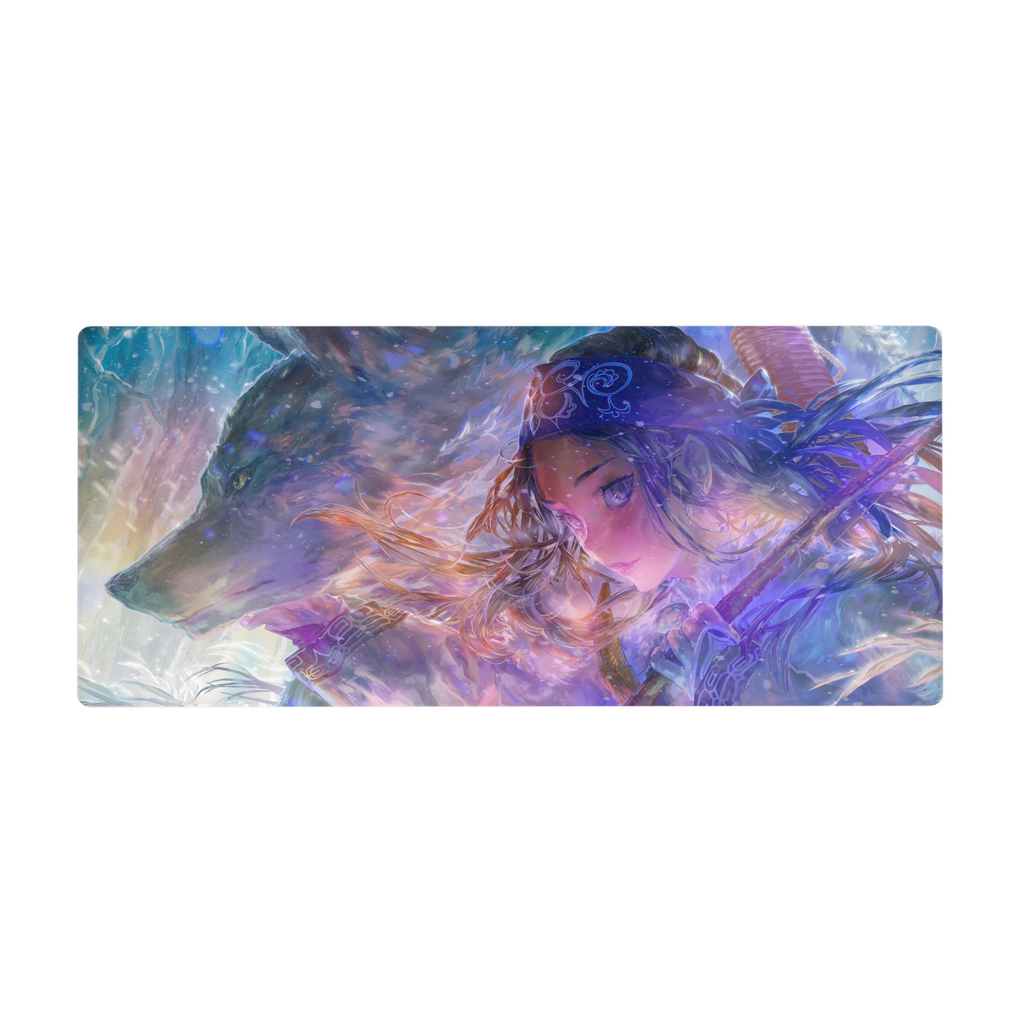 Anime girl desk pad 36x16 inches with silver-haired swordswoman and wolf in a snowy fantasy scene.