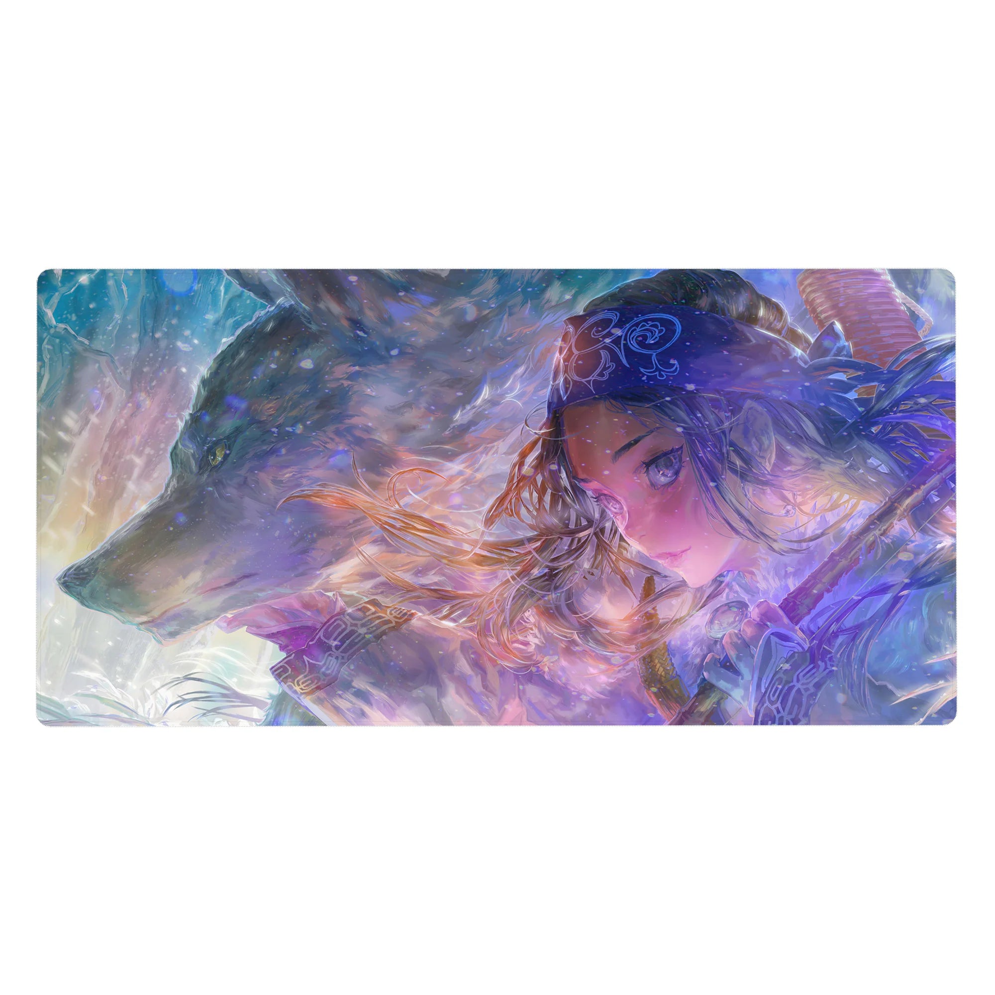 40x20 inches anime girl desk pad with silver-haired swordswoman and loyal wolf in snowy fantasy scene.