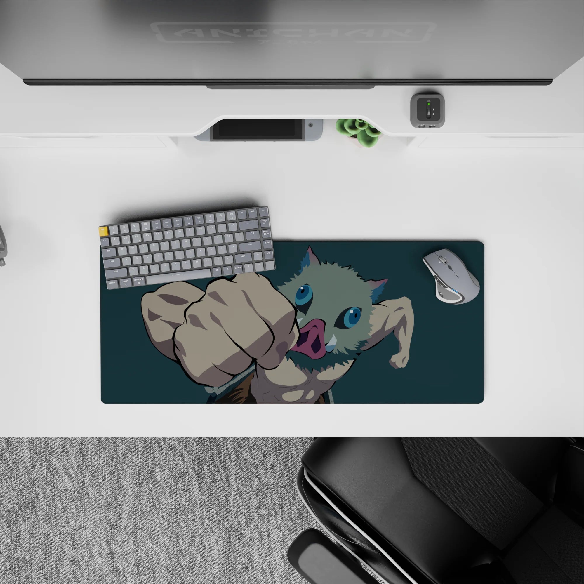 Anime mouse pad 28x12 inches featuring Inosuke from Demon Slayer in action, boar mask on, with a deep teal backdrop.