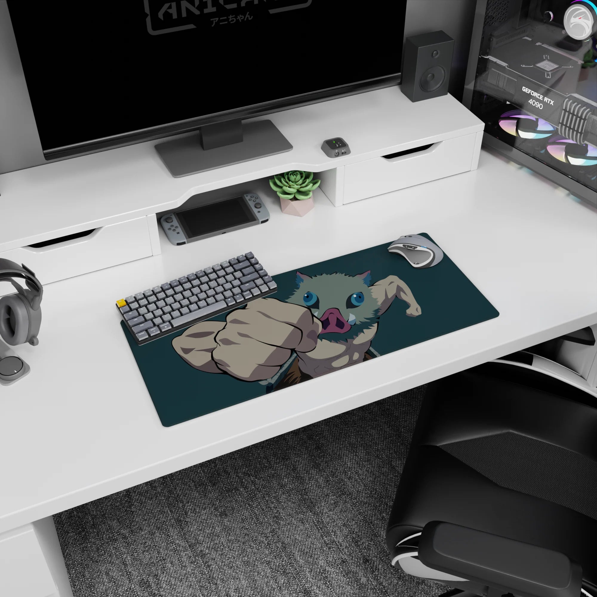 Anime mouse pad 28x12 inches featuring Inosuke from Demon Slayer, mid-punch with a boar mask, teal backdrop.