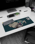 Inosuke Demon Slayer anime mouse pad, 32x12 inches, featuring Inosuke mid-punch with boar mask and intense blue eyes on a teal background.