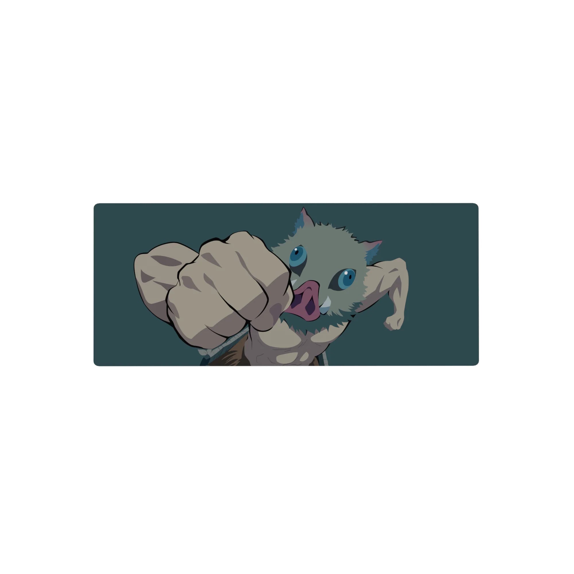 Inosuke from Demon Slayer mid-punch on a 28x12 inch mouse pad, with a teal backdrop highlighting his boar mask and intense gaze.