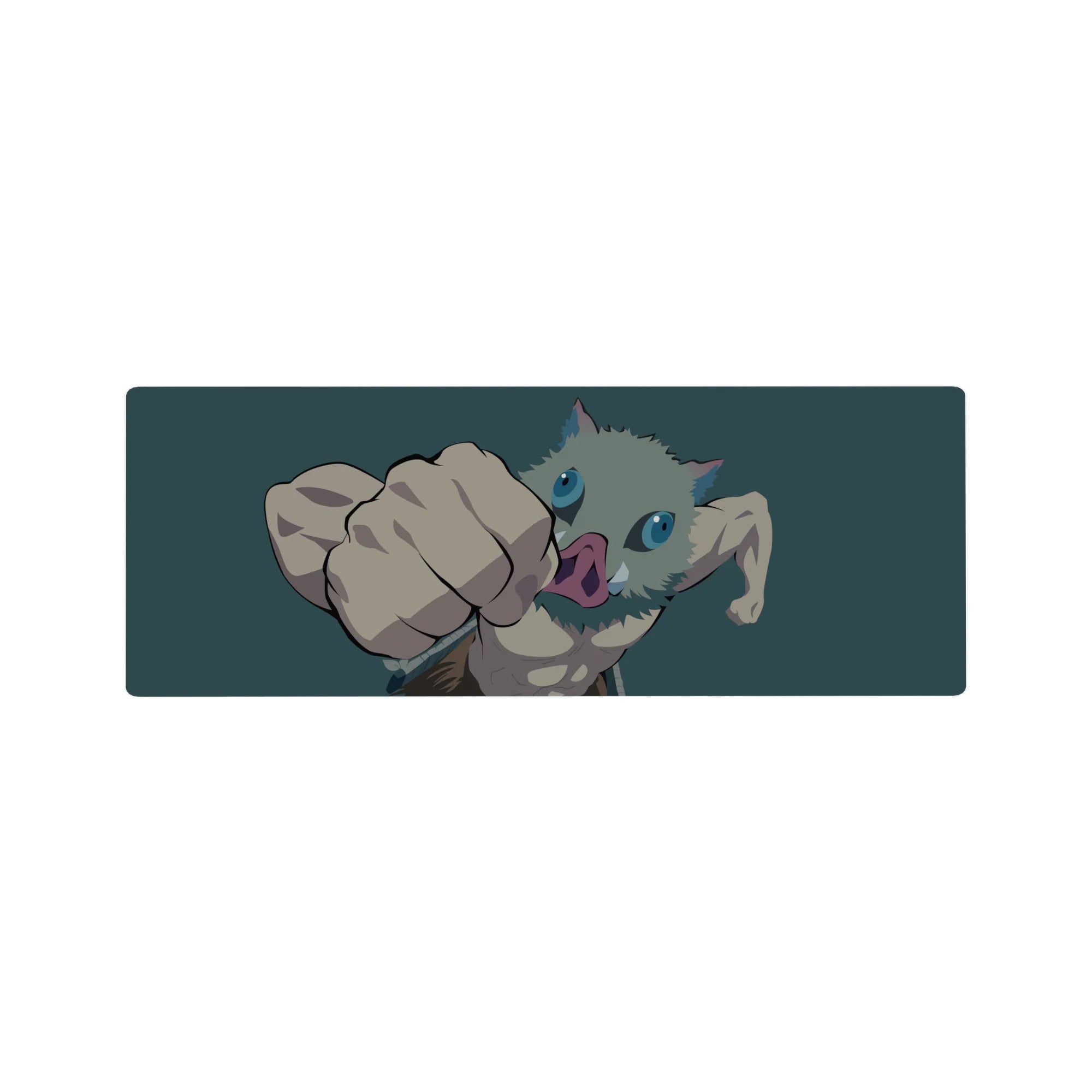 Anime mouse pad 32x12 inches featuring Inosuke from Demon Slayer, mid-punch with boar mask; energetic teal backdrop.