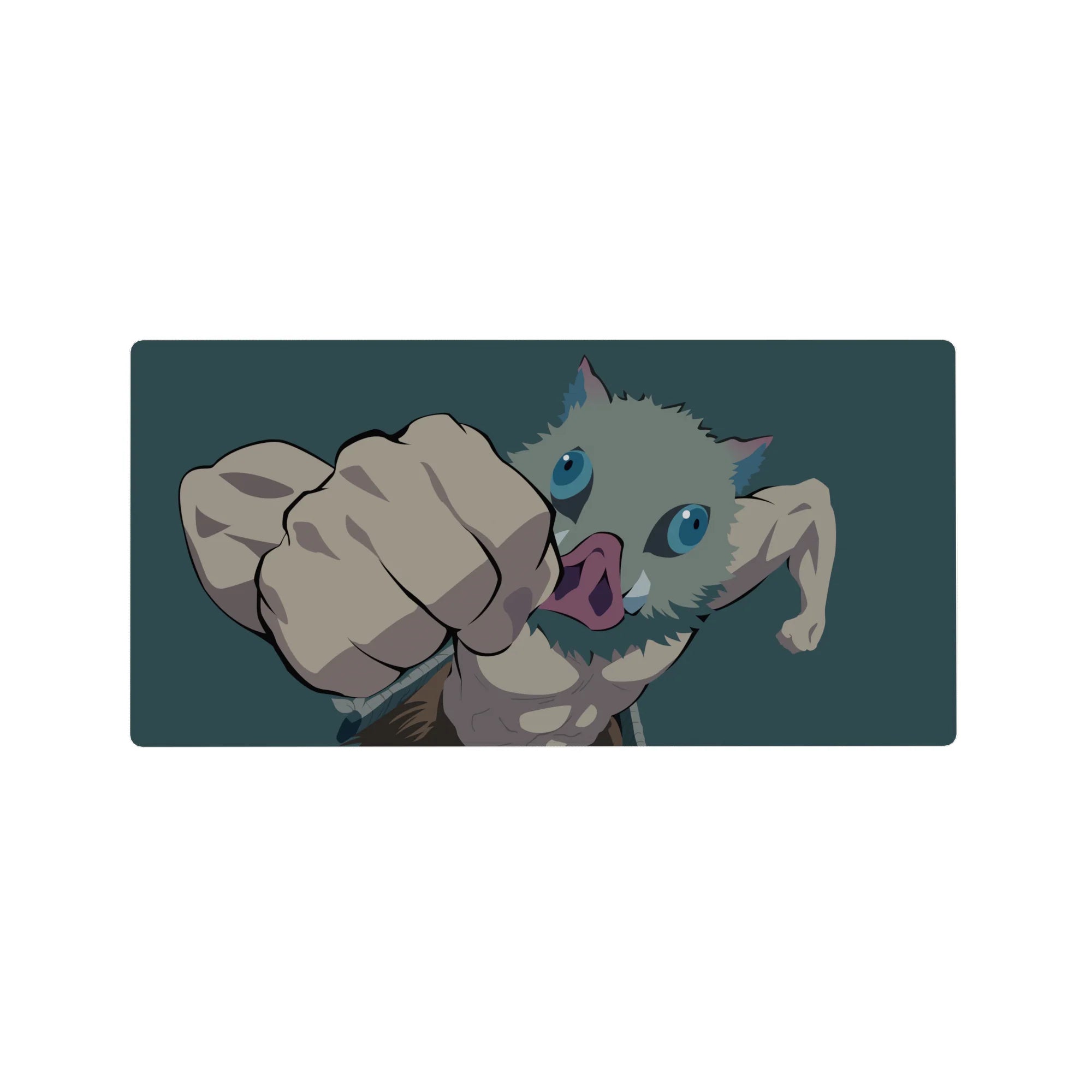 Inosuke from Demon Slayer mid-punch on anime mouse pad, 32x16 inches, teal backdrop highlighting intense action and energy.