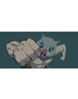 Anime desk pad 36x16 inches featuring Inosuke from Demon Slayer, mid-punch with boar mask, teal backdrop highlighting intensity.