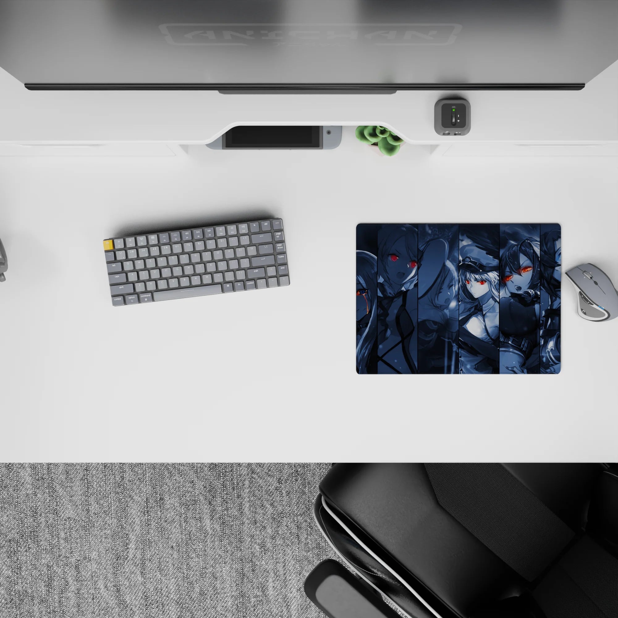 14x10 inches classic anime girl mouse pad in icy blue grayscale with red/blue glowing eyes, dark moody vibe.