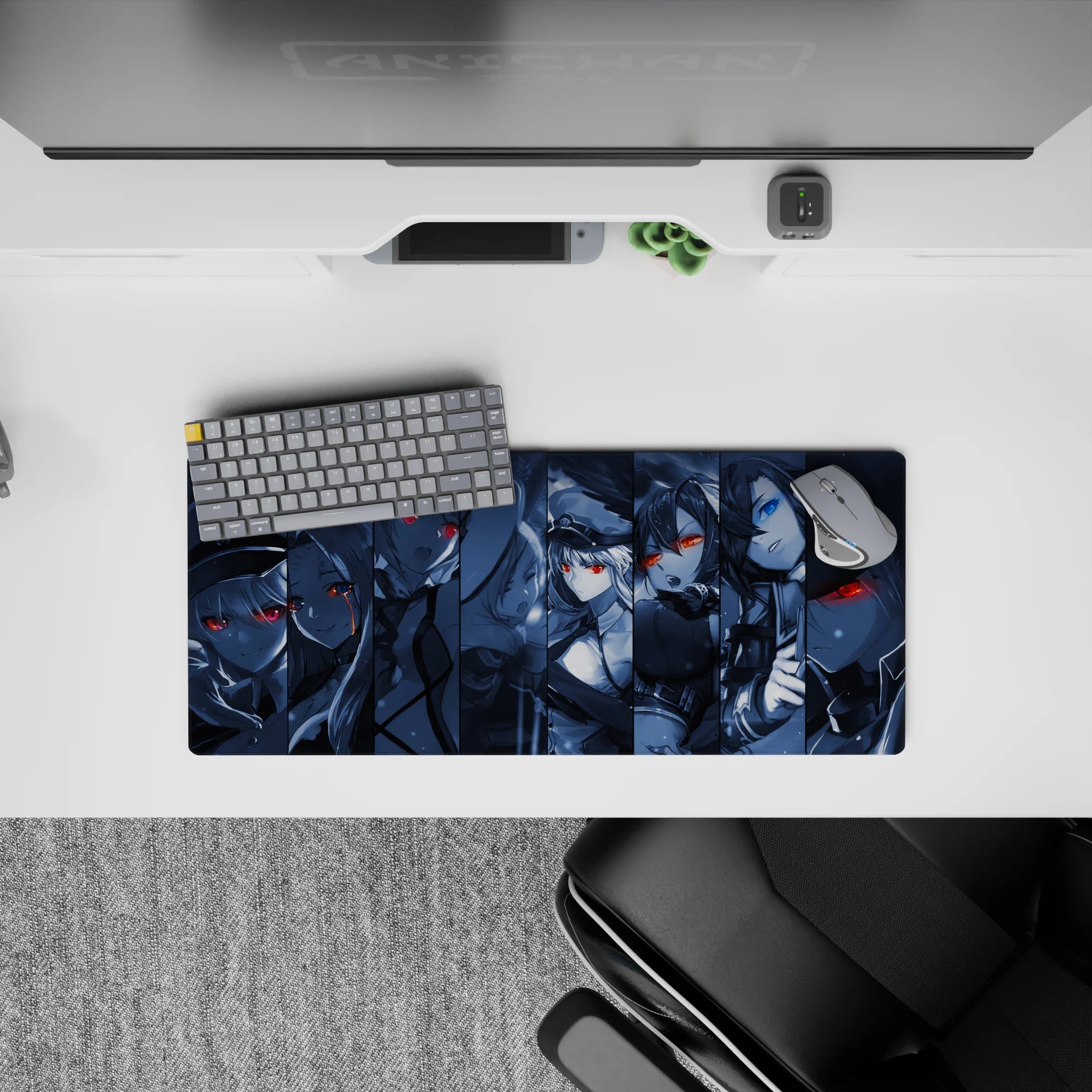 28x12 inches anime girl mouse pad in icy blue grayscale with snowy specks, dark cute cinematic mood.