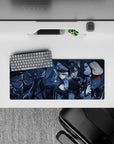 28x12 inches anime girl mouse pad in icy blue grayscale with snowy specks, dark cute cinematic mood.