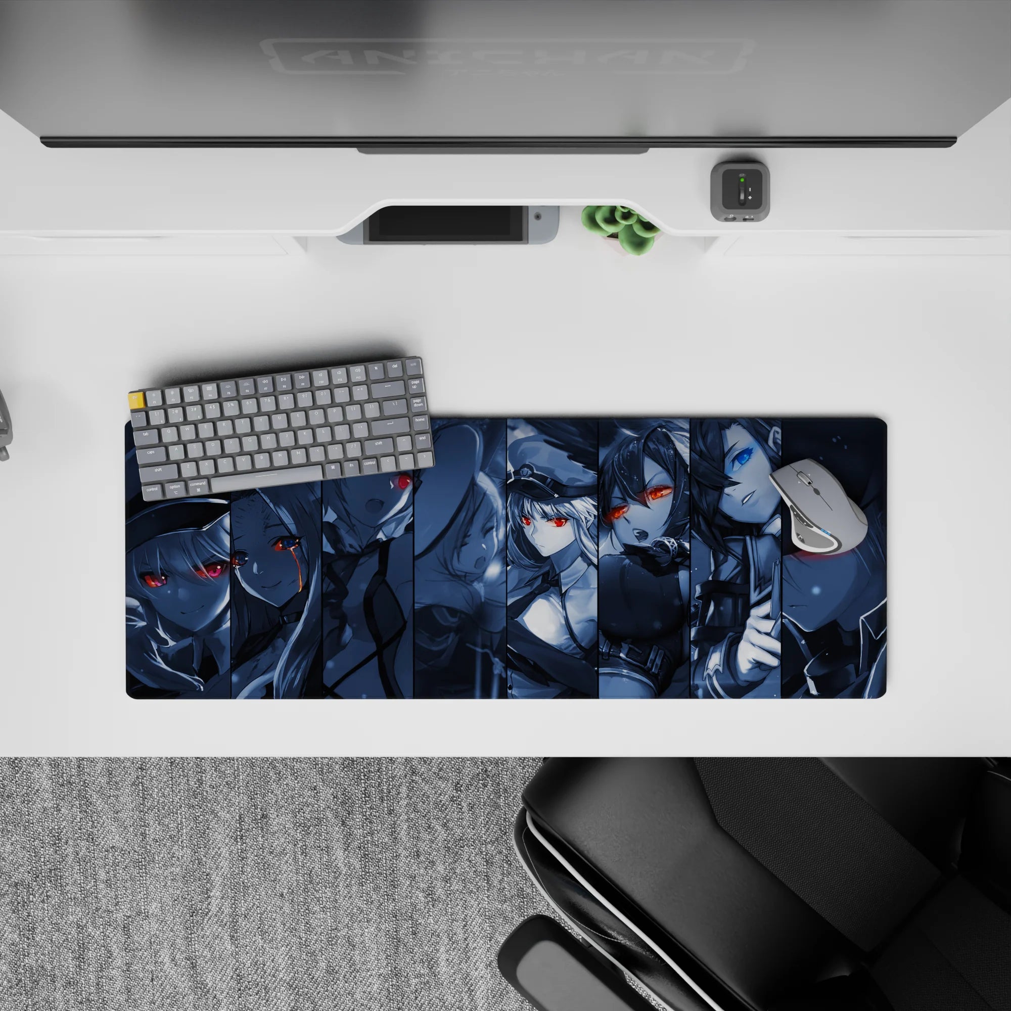 32x12 inches anime girl mouse pad in icy blue grayscale with red accents, snow specks, dark cute mood.