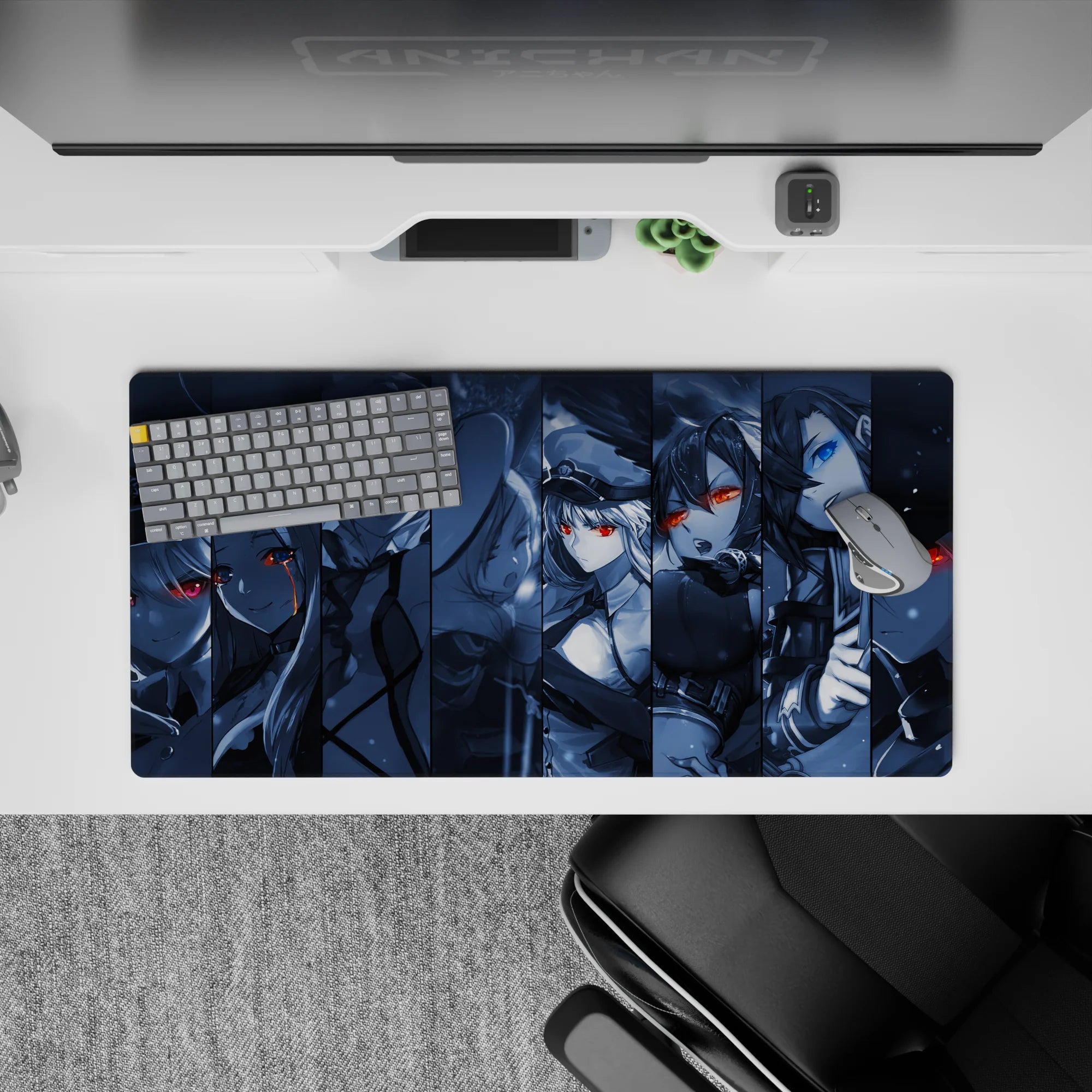 32x16 inches anime girl mouse pad in icy blue grayscale with red and bright blue eye, dark cute mood.