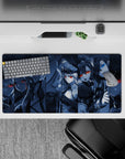 32x16 inches anime girl mouse pad in icy blue grayscale with red and bright blue eye, dark cute mood.