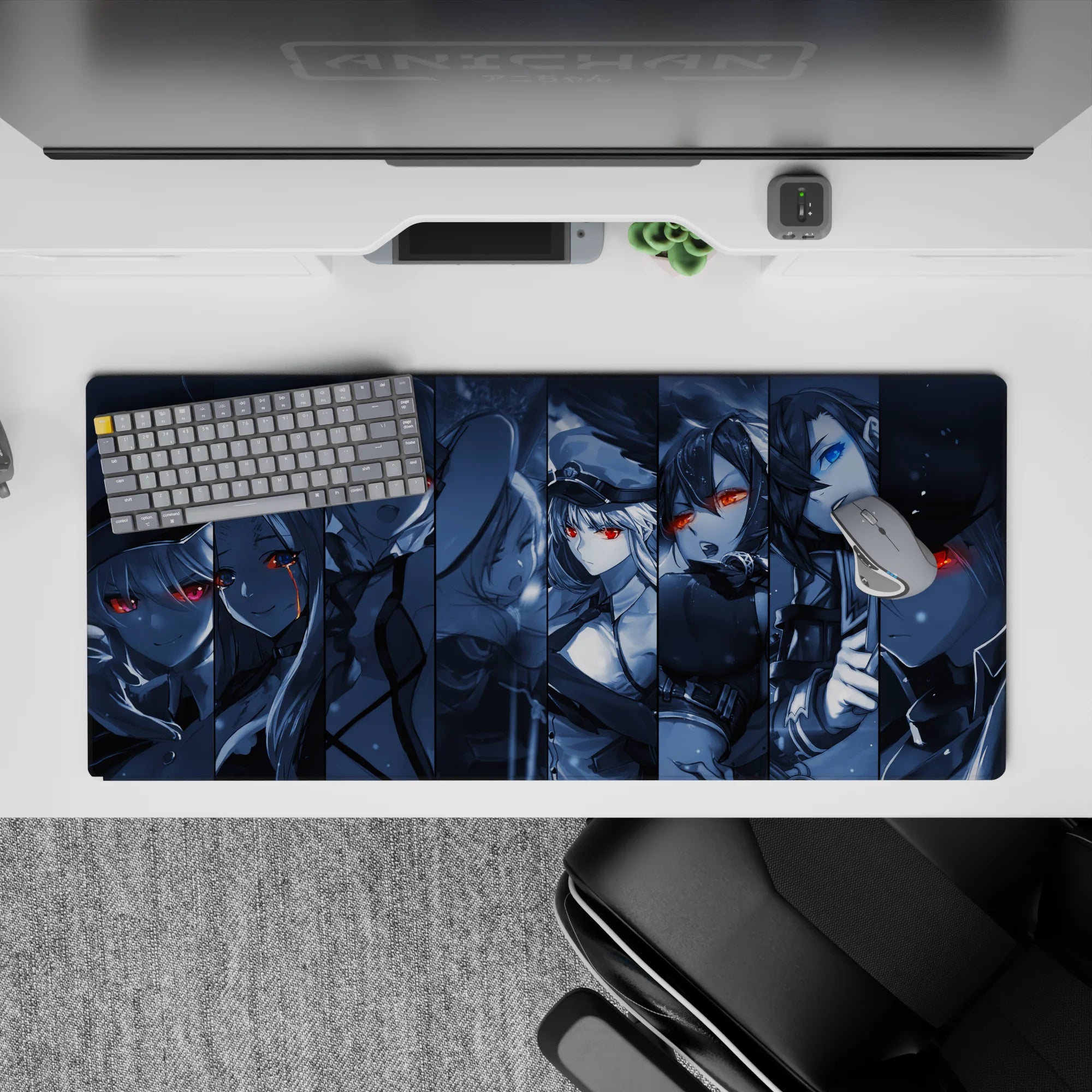 Icy blue grayscale anime girl desk pad 36x16 inches, dark cute mood, red and blue glowing eye accents.