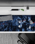 Icy blue grayscale anime girl desk pad 36x16 inches, dark cute mood, red and blue glowing eye accents.