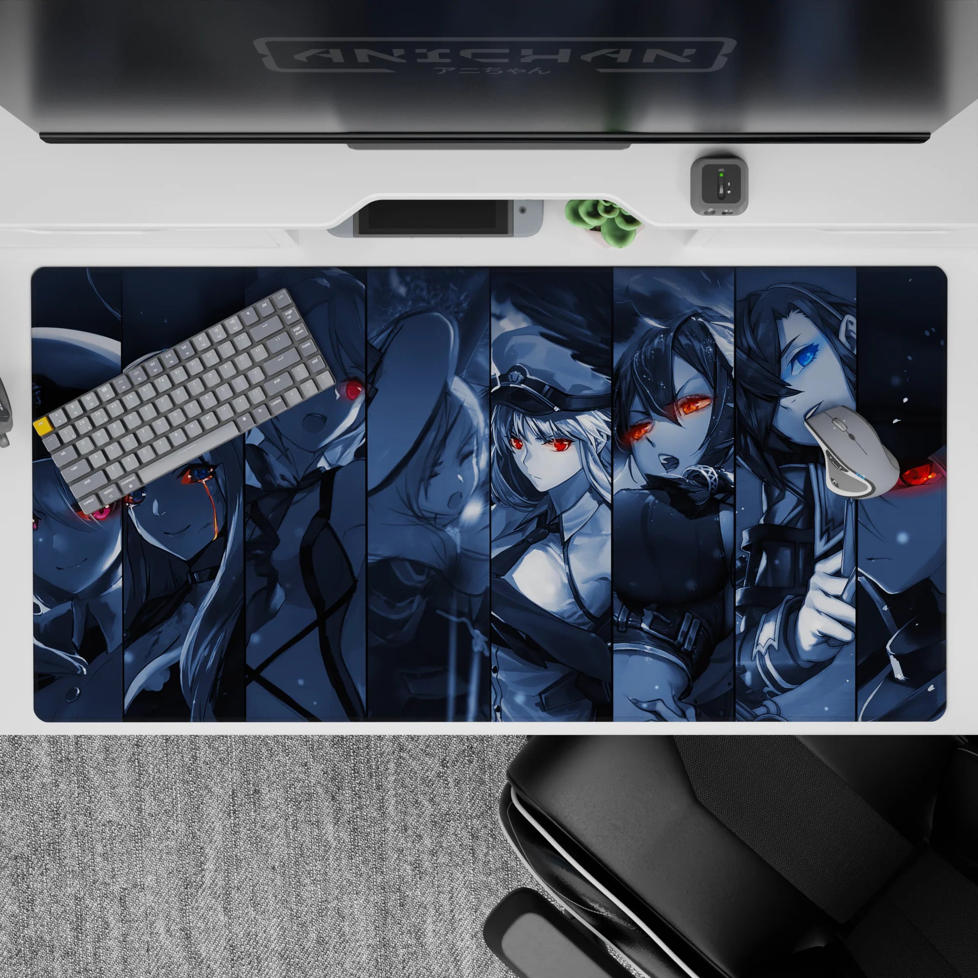 Dark cute anime girl desk pad 40x20 inches in icy blue grayscale with red and blue eye glow.