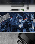 Dark cute anime girl desk pad 40x20 inches in icy blue grayscale with red and blue eye glow.