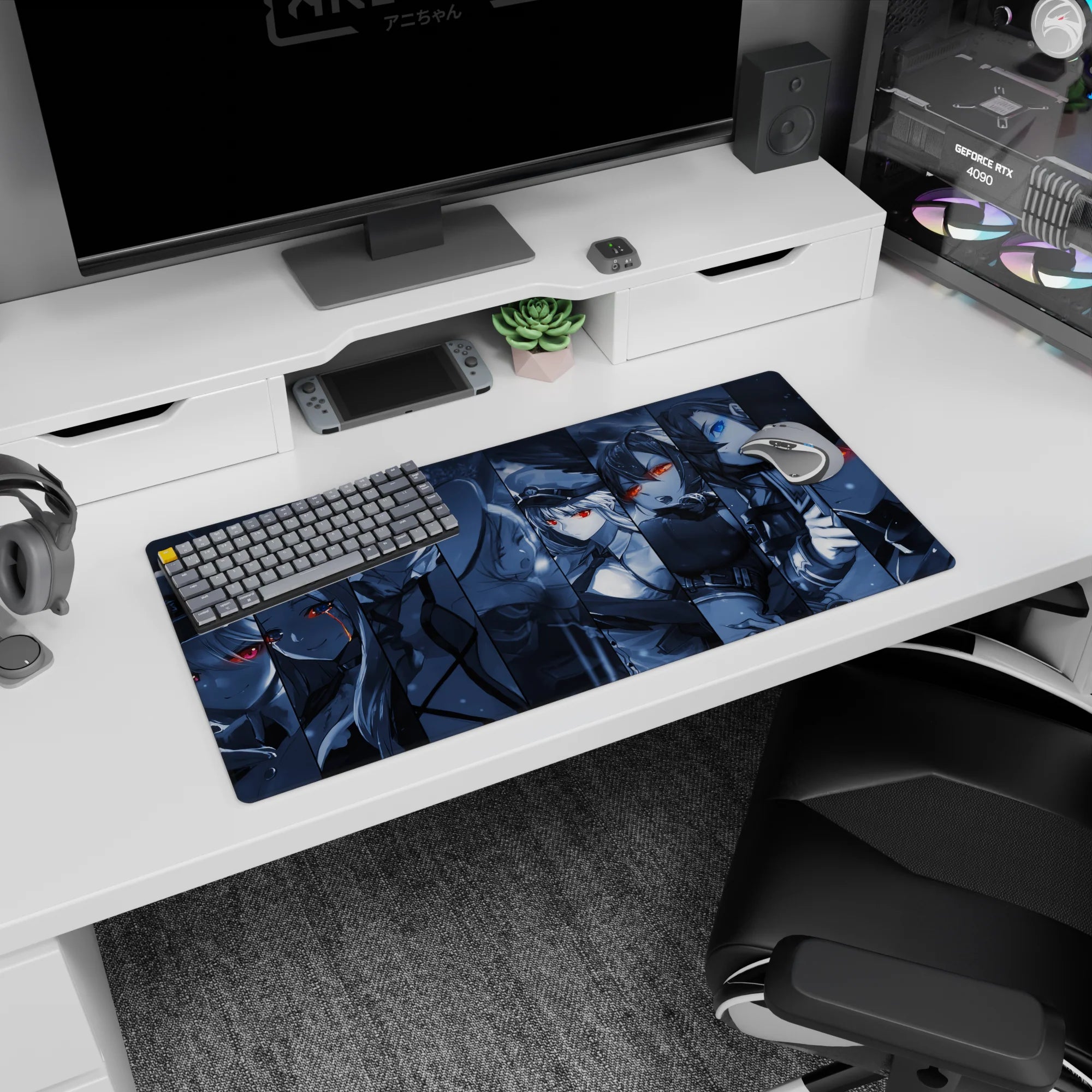 32x16 inches anime girl mouse pad featuring fierce girls in split panels, snowlike specks and cinematic glare.