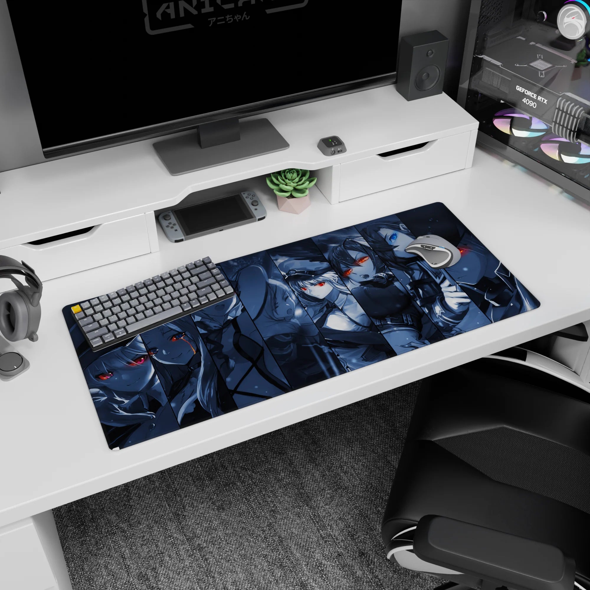 Fierce anime girl duo desk pad 36x16 inches, sharp shadows, snowlike specks, intense close-up portraits.