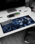 Fierce anime girl duo desk pad 36x16 inches, sharp shadows, snowlike specks, intense close-up portraits.