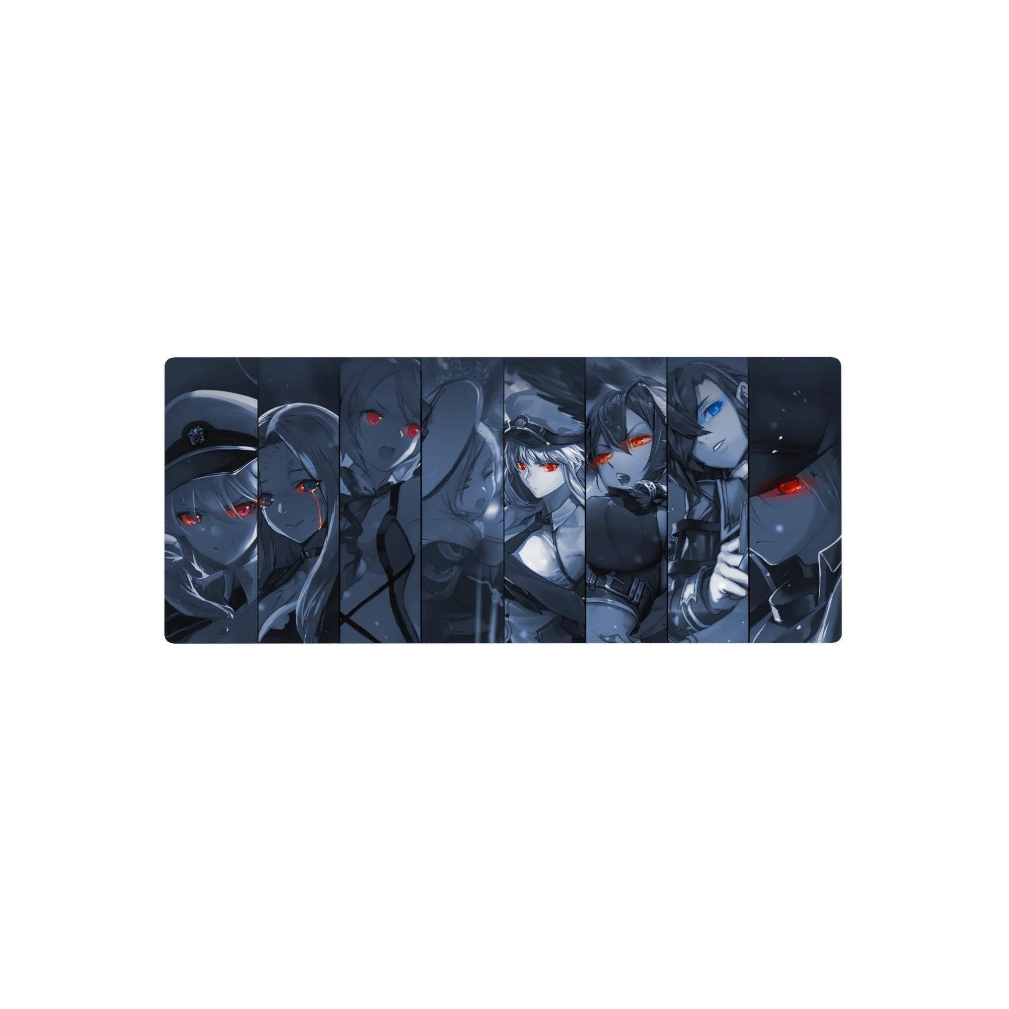 28x12 inches anime girl mouse pad with sliced panel collage, fierce girls, red and blue glowing eyes.