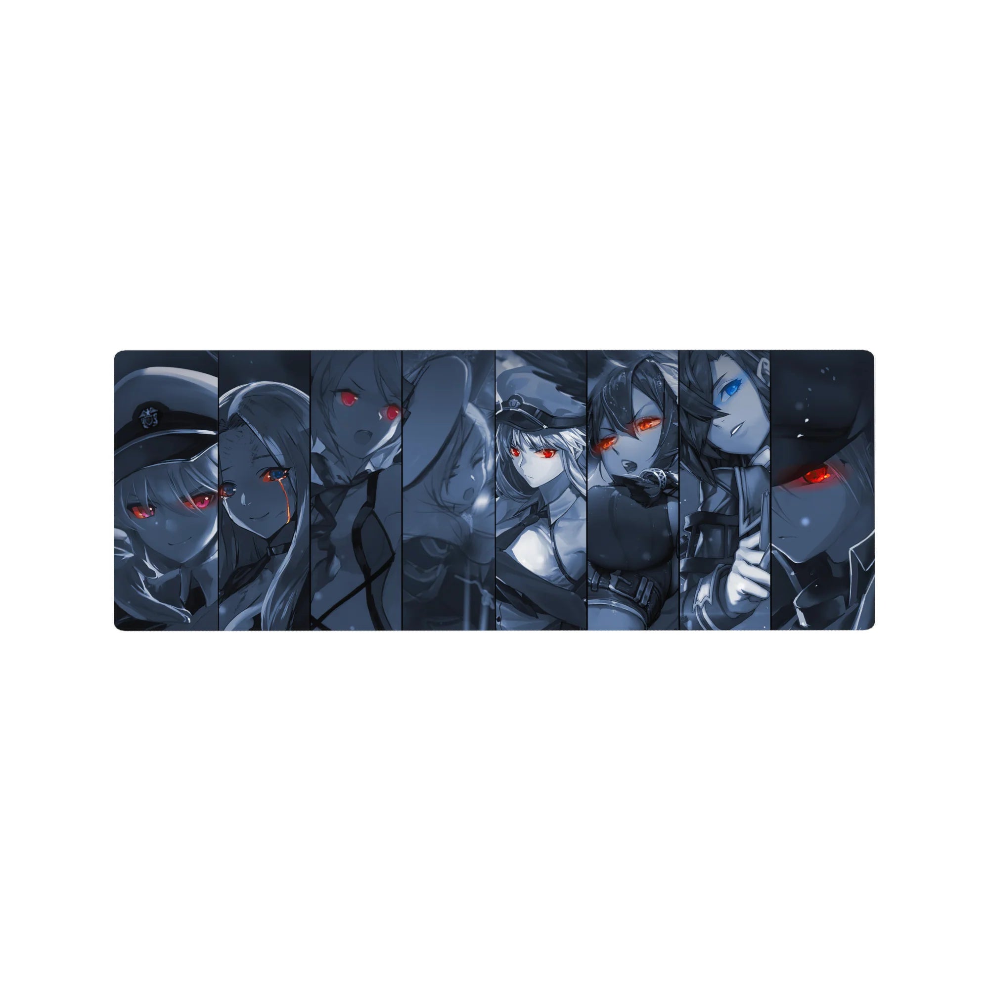 32x12 inches anime girl mouse pad with sliced panel layout, fierce faces, and glowing eyes.