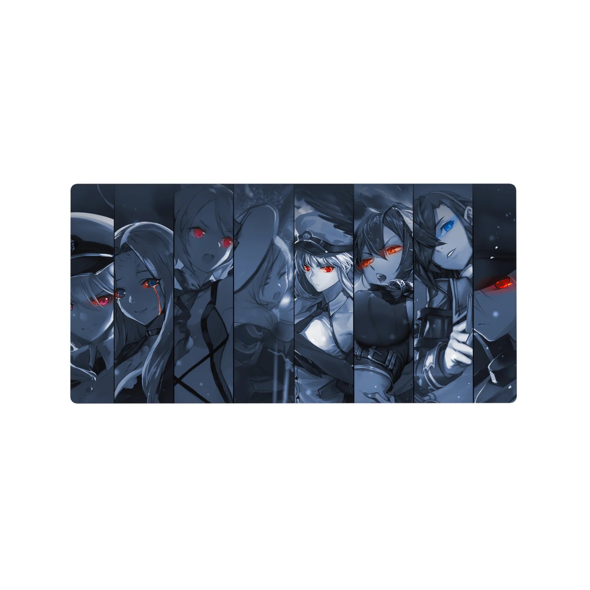 32x16 inches anime girl mouse pad with sliced panel collage, sharp shadows, and glowing eyes design.