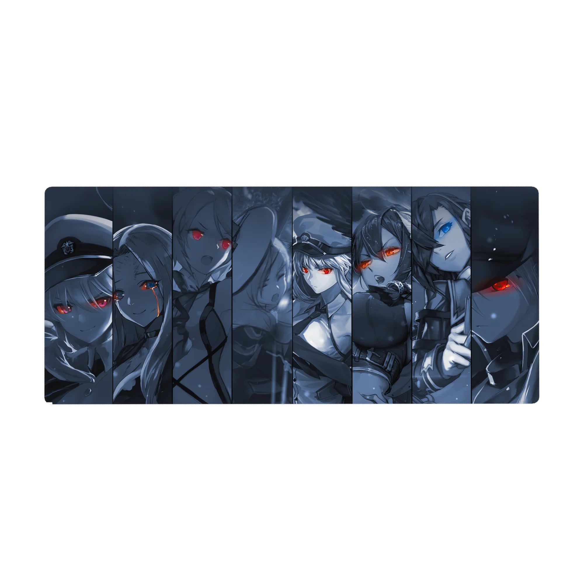 Anime girl desk pad 36x16 inches with sliced panel layout, fierce faces, glowing eyes, cinematic style.