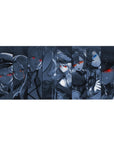 Anime girl desk pad 36x16 inches with sliced panel layout, fierce faces, glowing eyes, cinematic style.