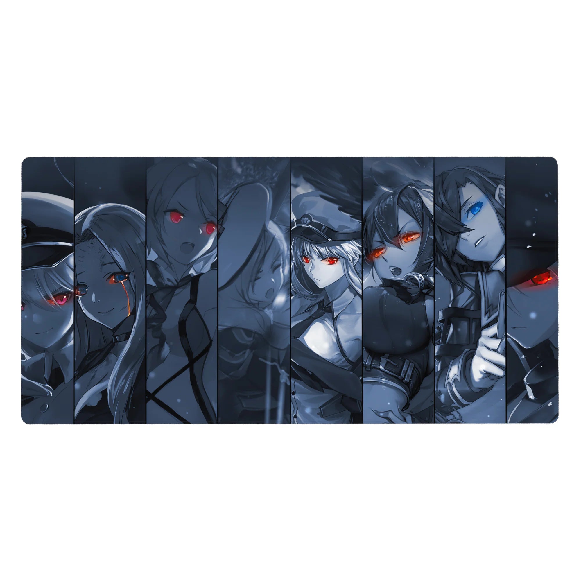 Anime girl desk pad 40x20 inches with sliced panel layout, fierce faces, and glowing eyes.