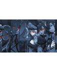 Anime girl desk pad 40x20 inches with sliced panel layout, fierce faces, and glowing eyes.