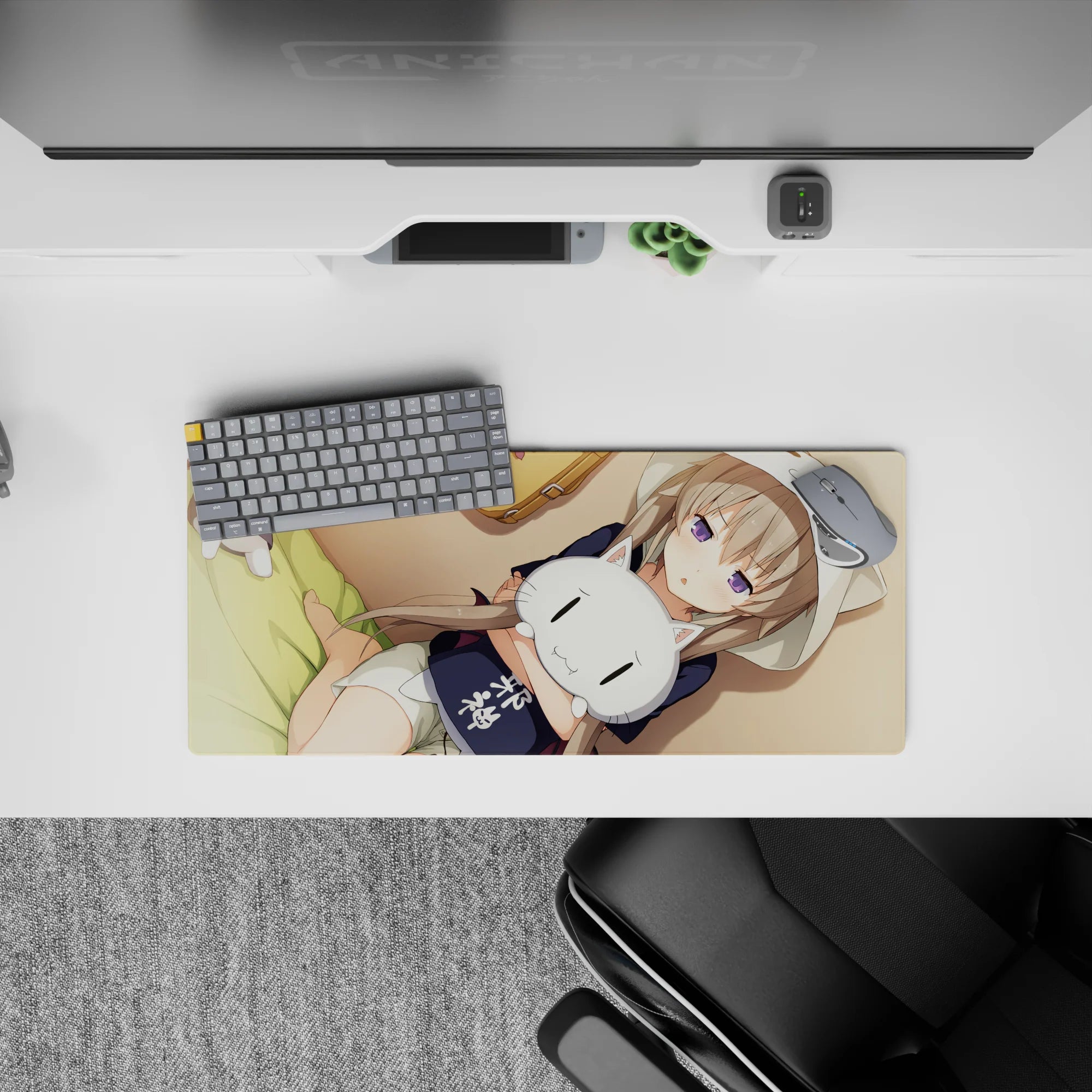 28x12 inches desk mouse pad in warm beige and honey tones, soft shadows, calm kawaii vibe.