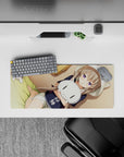 28x12 inches desk mouse pad in warm beige and honey tones, soft shadows, calm kawaii vibe.