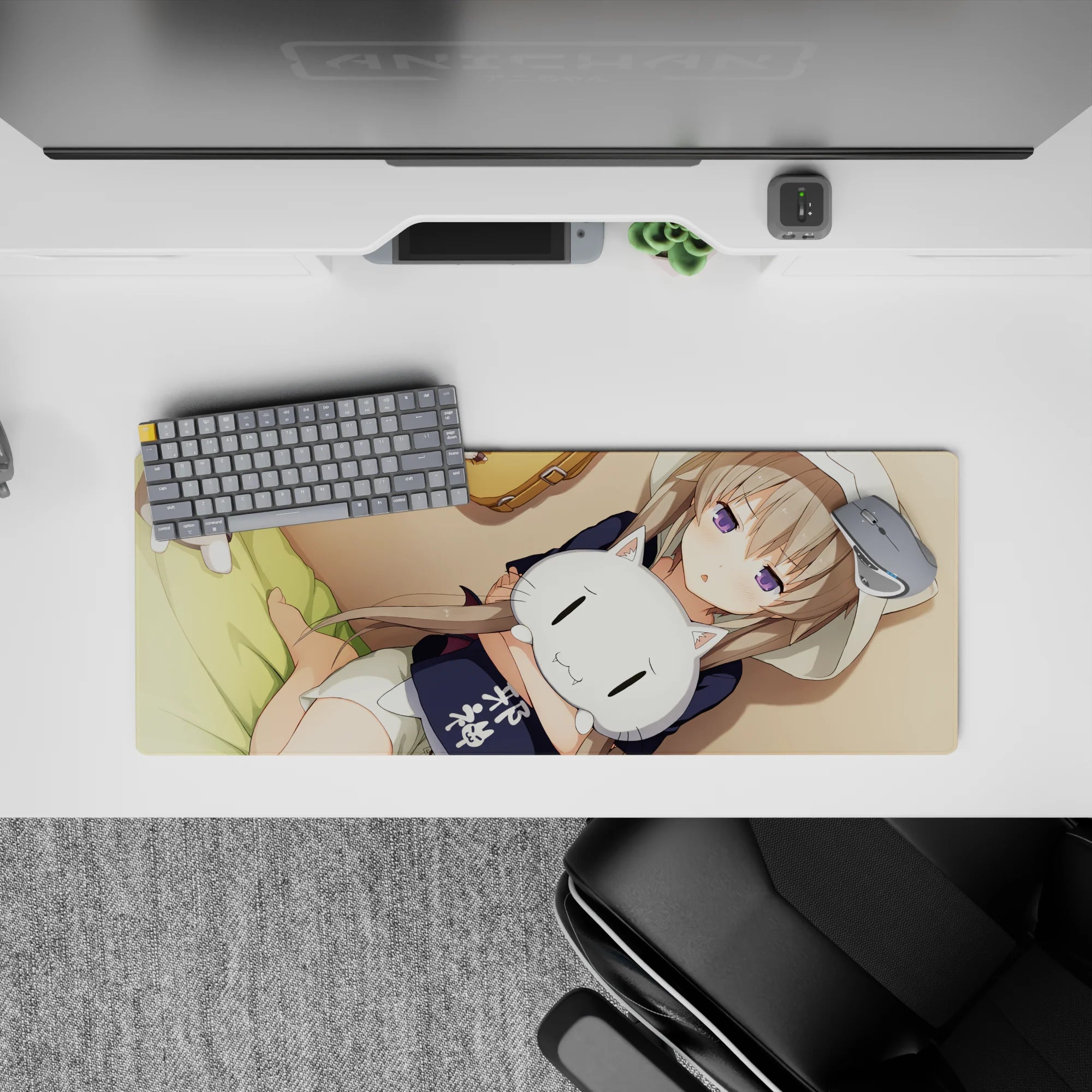 Warm beige and honey tones anime girl mouse pad with soft shadows and calm vibe, 32x12 inches.